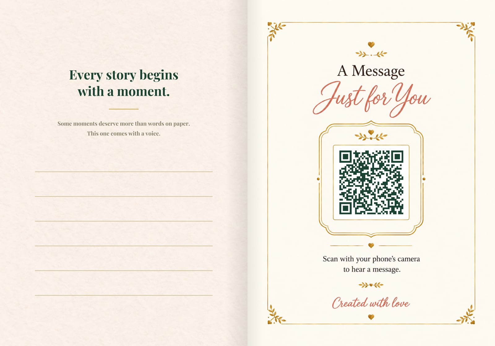 A Keepsay greeting card opened flat: lined space on the left for a handwritten note, and on the right a code that plays your recorded message.