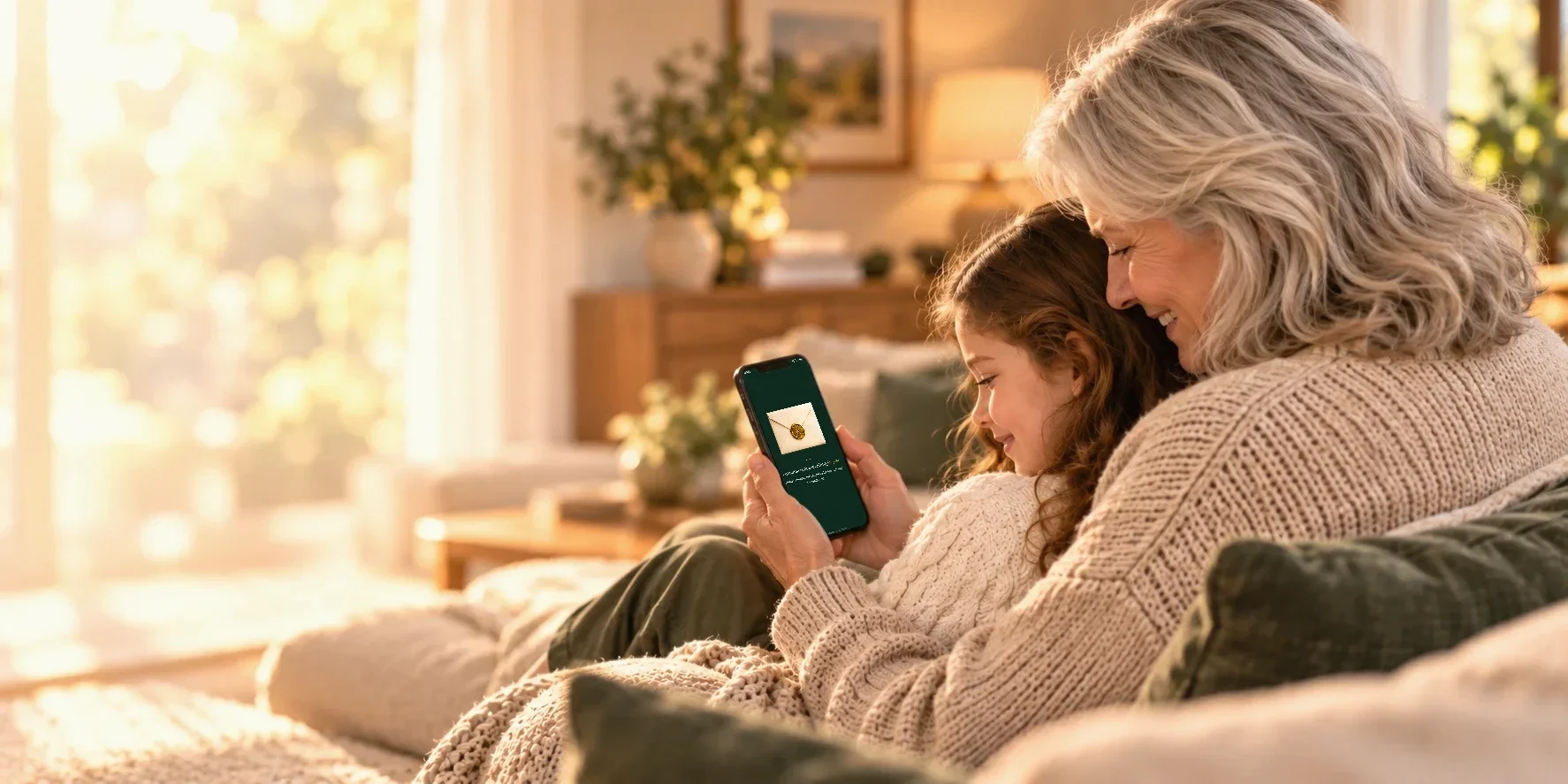 A grandmother and her granddaughter smiling at a phone together on the sofa