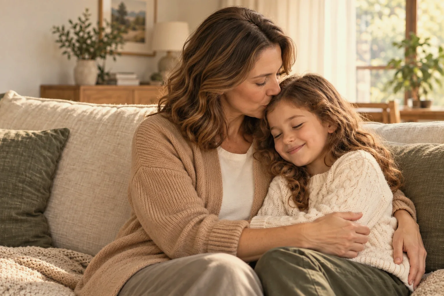 A mother kissing her daughter’s head on the sofa