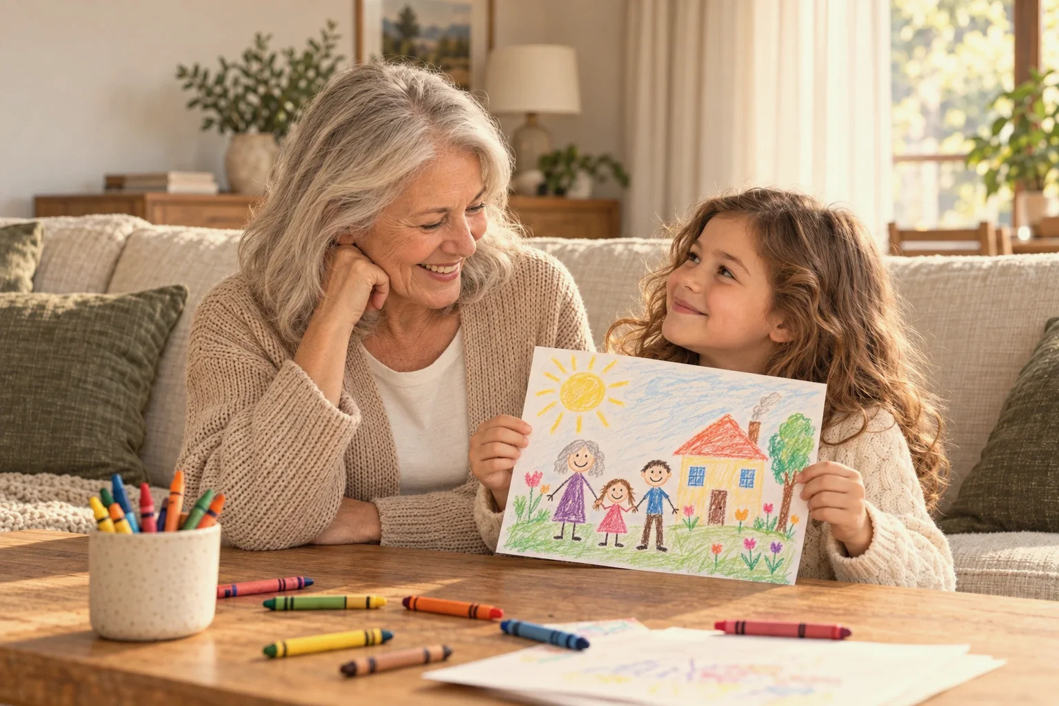 A girl showing her grandmother a drawing