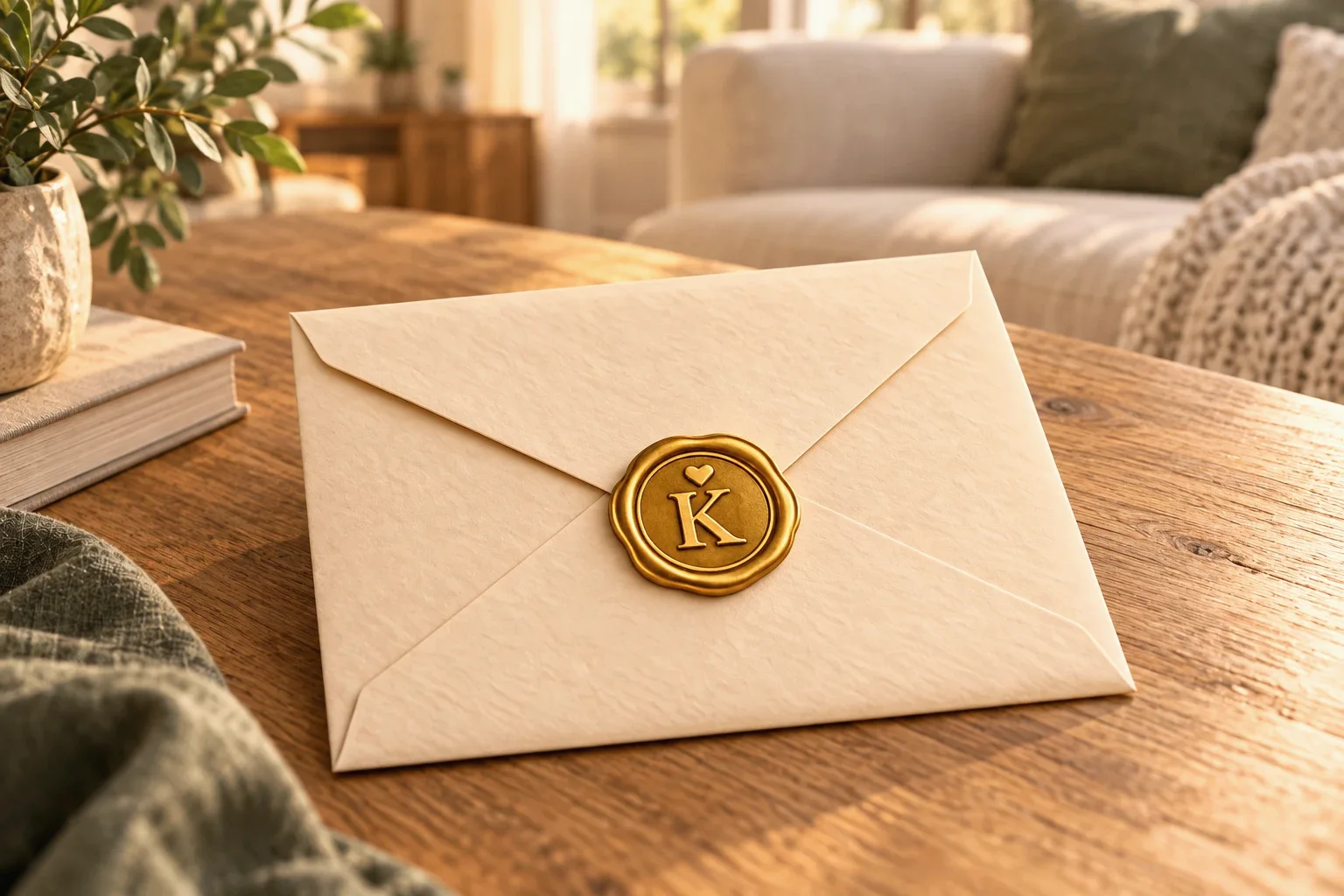 A sealed cream envelope with a gold wax seal