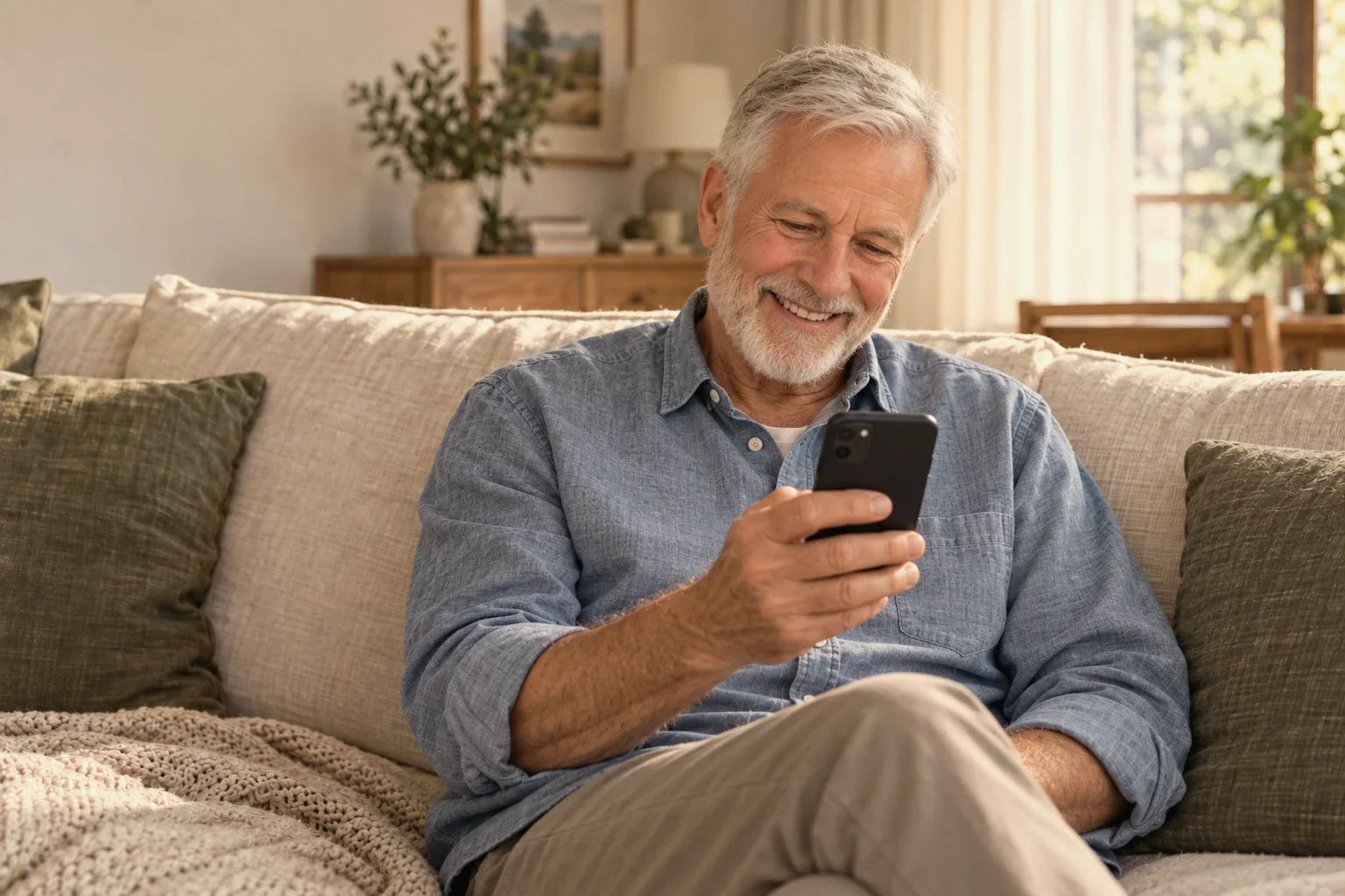 A grandfather smiling at his phone
