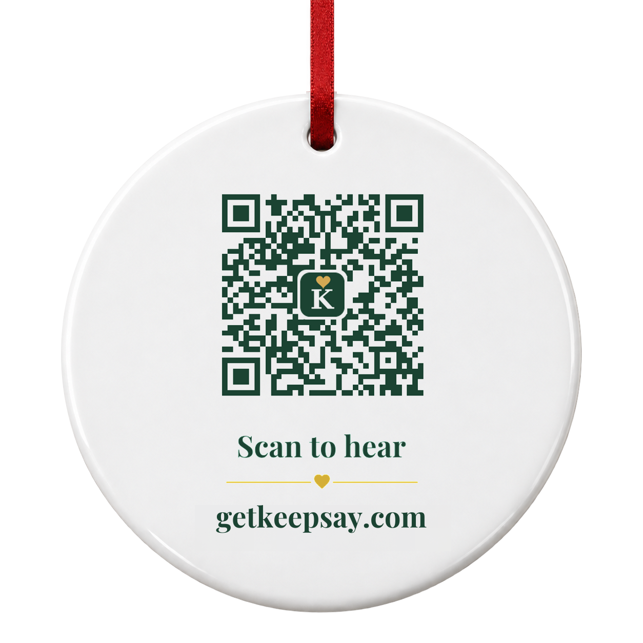 Back of the Keepsay ornament, with its green QR code and Scan to hear design